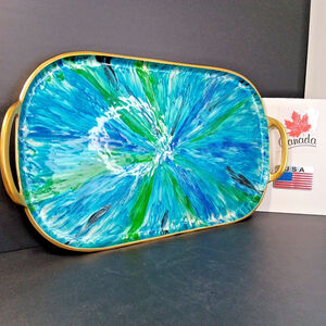 Stunning Brass Serving Tray Blue Painted Enamel Beach Ocean Lake 21 X 11.5 WOW!